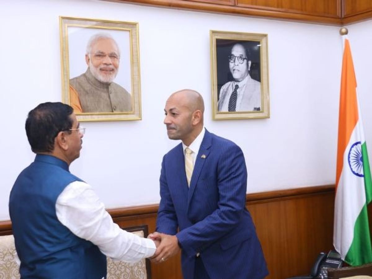 Indian mines minister Pralhad Joshi with Ranj Pillai, premier of Canadian territory of Yukon in New Delhi