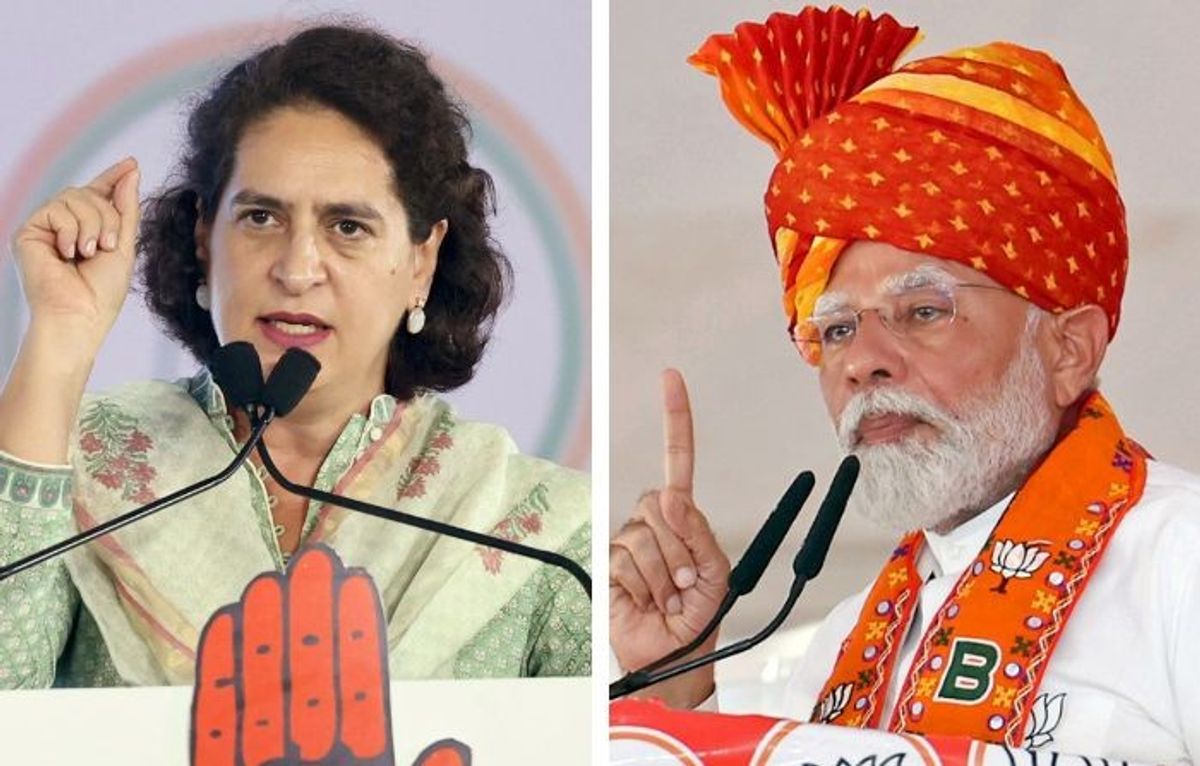 Indian National Congress leader Priyanka Gandhi Vadra (L) and Indian prime minister Narendra Modi