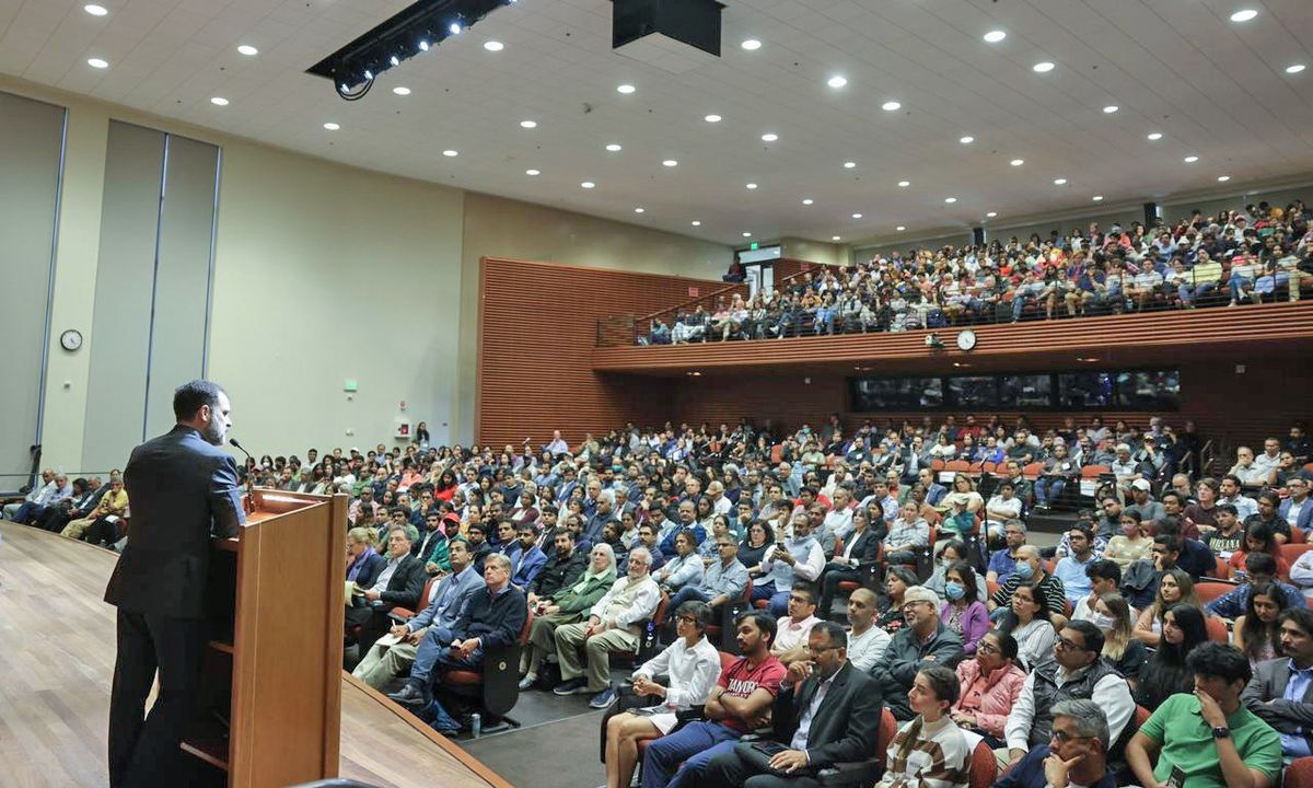 Indian National Congress leader Rahul Gandhi addresses students at Stanford University Campus in California, the US