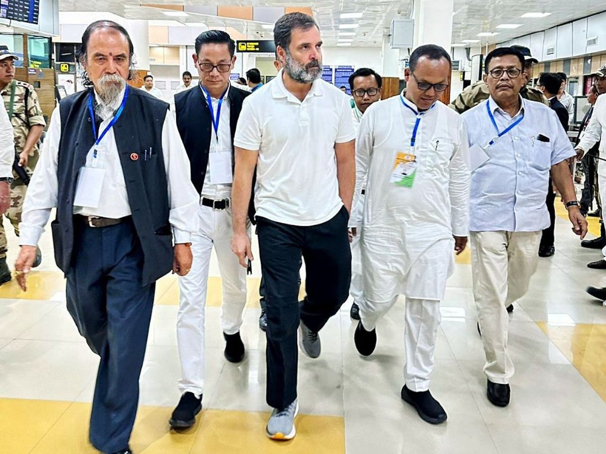 Indian National Congress leader Rahul Gandhi arrives at Imphal airport in the northeastern state of Manipur