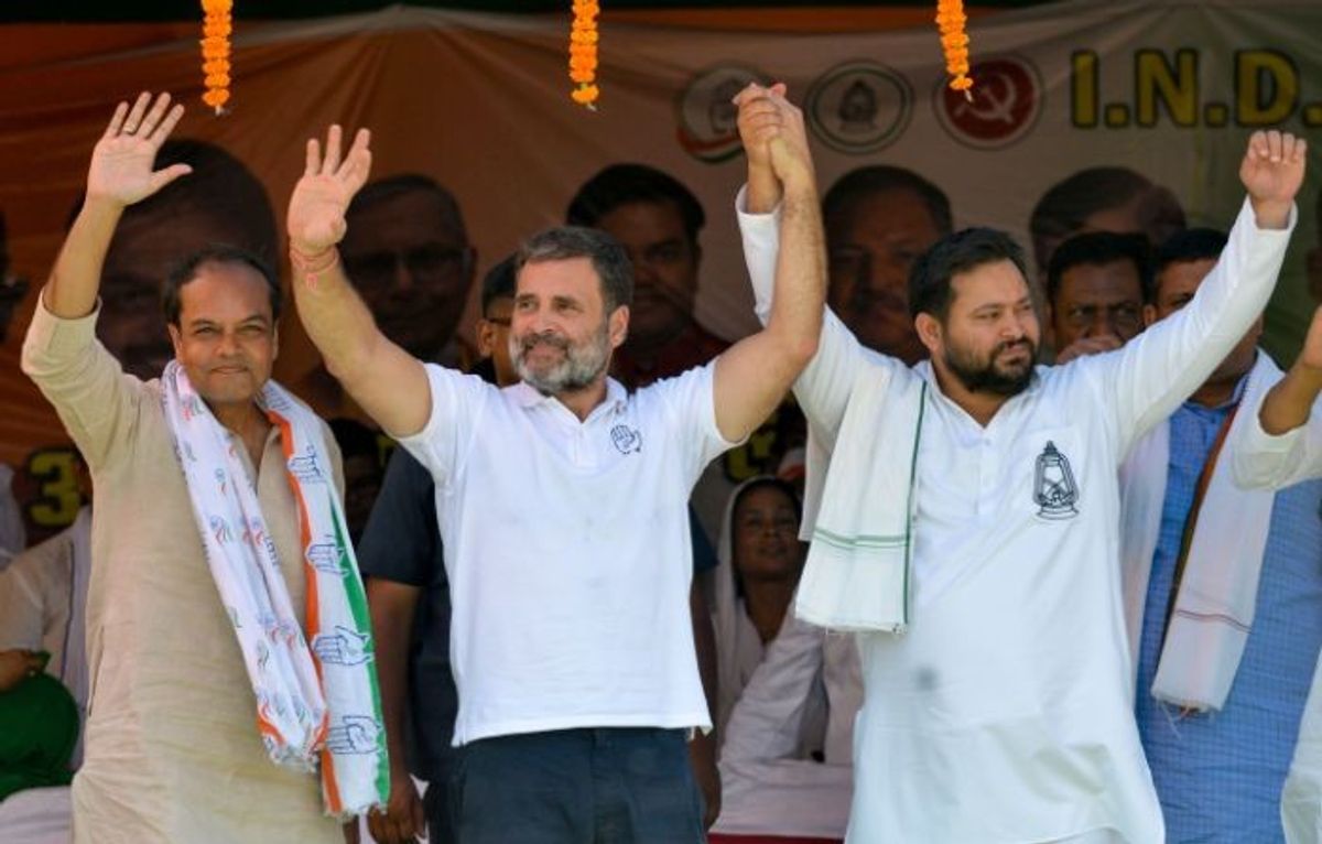 Indian National Congress leader Rahul Gandhi at an election rally with Rashtriya Janata Dal in the eastern state of Bihar