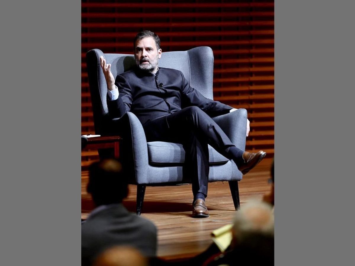 Indian National Congress leader Rahul Gandhi speaks at an interaction with students at Stanford University Campus in California, the US