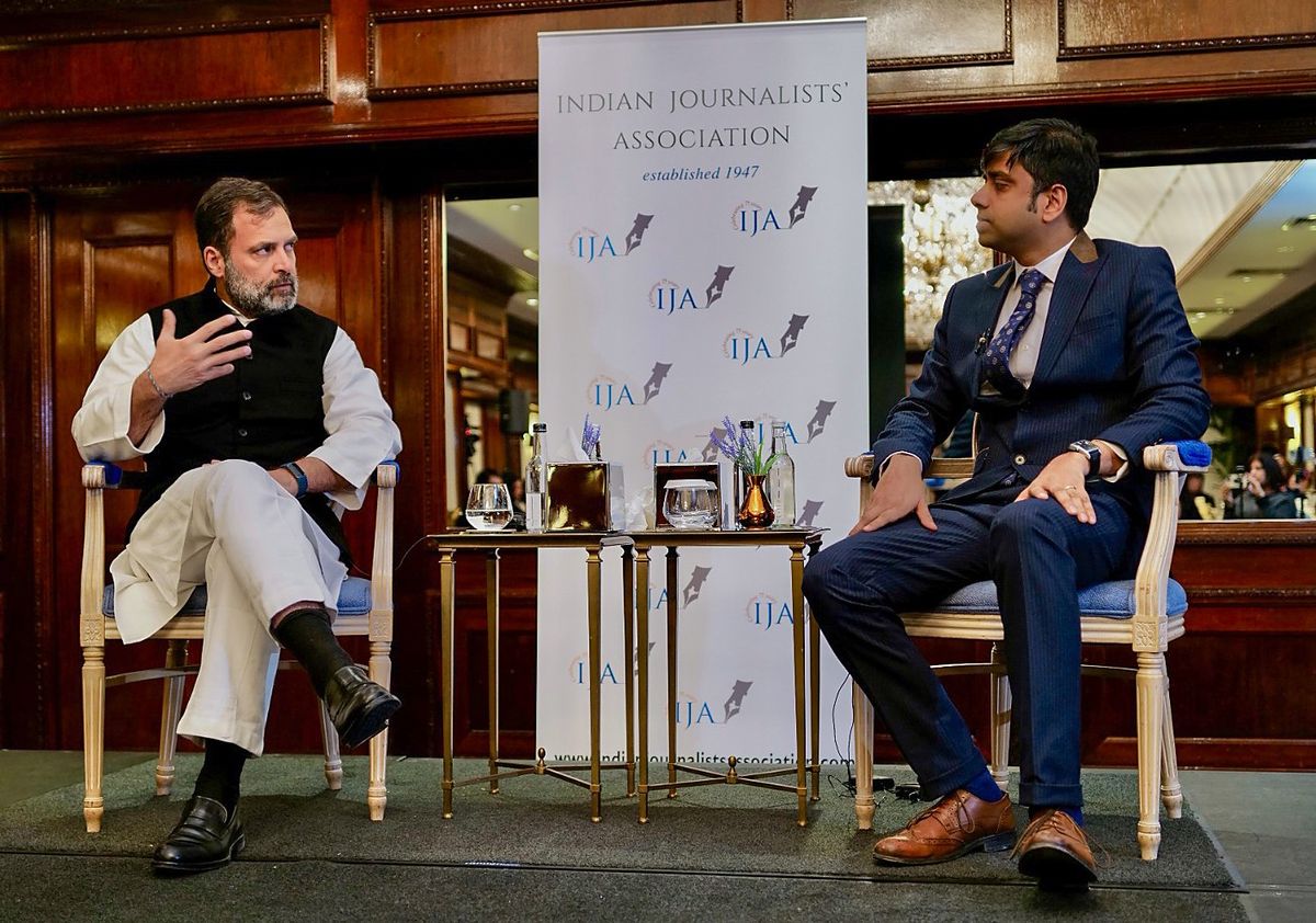 Indian National Congress leader Rahul Gandhi speaks during a conversation with the Indian Journalists' Association in London, UK