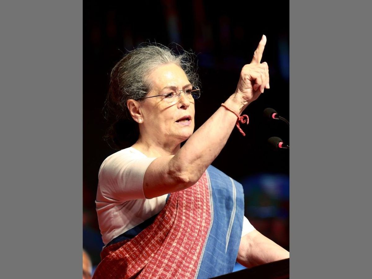 Indian National Congress leader Sonia Gandhi addresses a public meeting for the May 10 Karnataka assembly elections in Hubbali