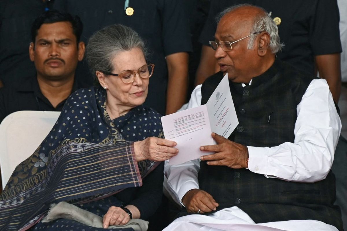 Indian National Congress leaders Mallikarjun Kharge and Sonia Gandhi