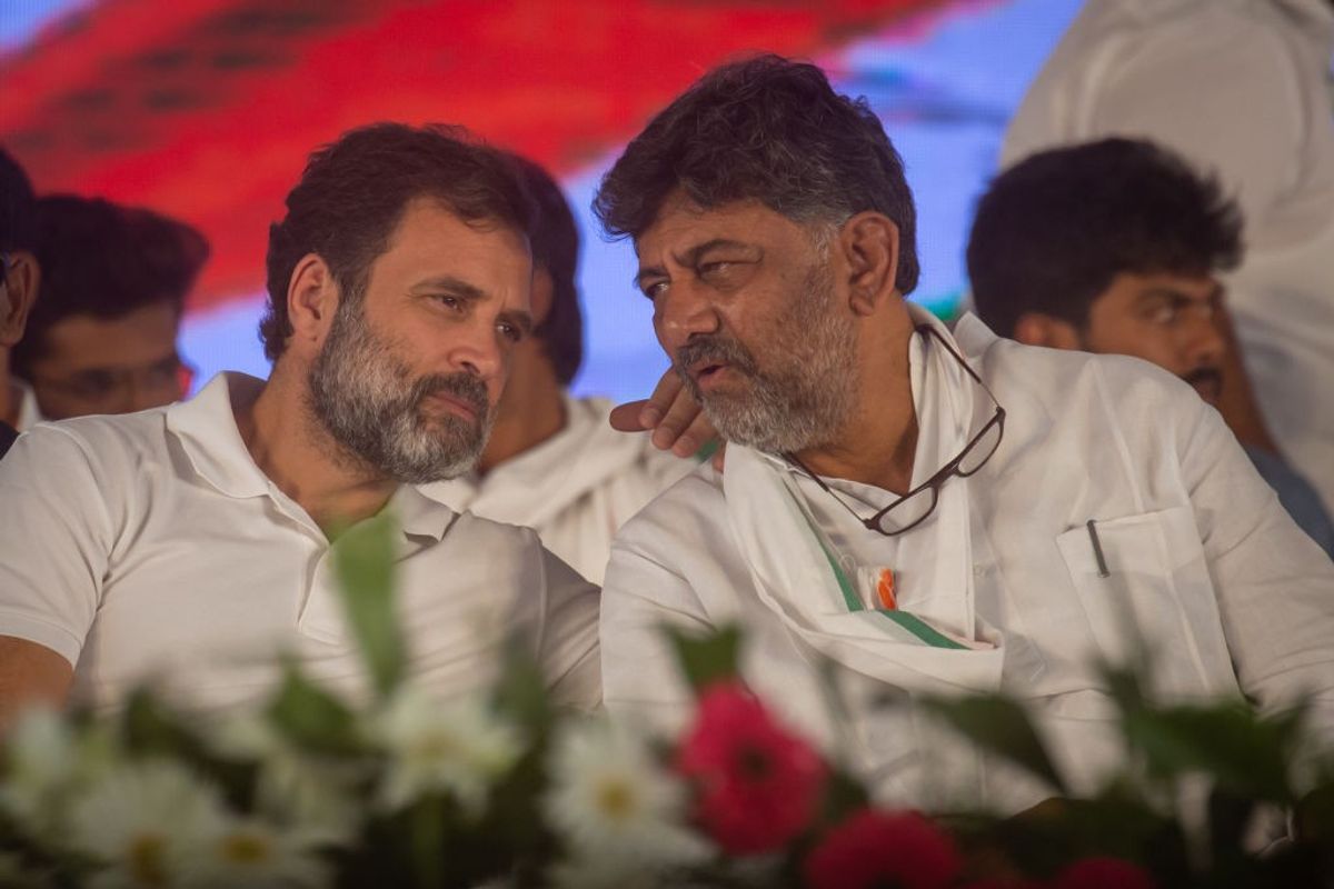 Indian National Congress leaders Rahul Gandhi (left) and DK Shivakumar, one of the chief ministerial contenders in the southern Indian state of Karnataka