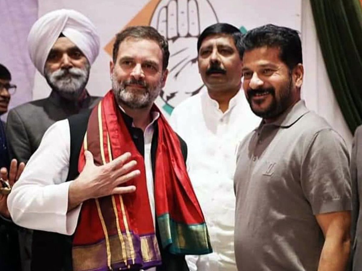 Indian National Congress Party leader Rahul Gandhi with some of his party leaders at an event in New York, US,
