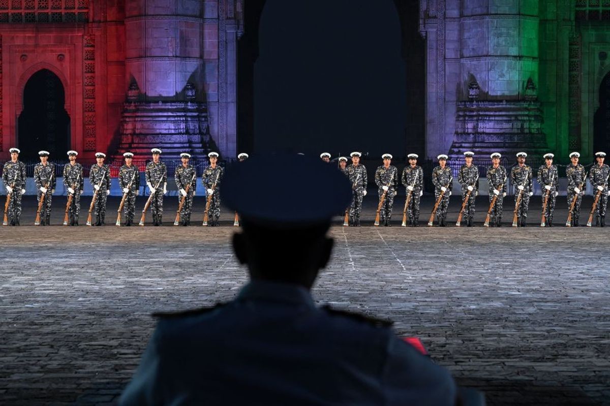 Indian Navy sailors take part in the rehearsal for Navy Day celebrations at the Gateway of India in Mumbai on December 1, 2022.