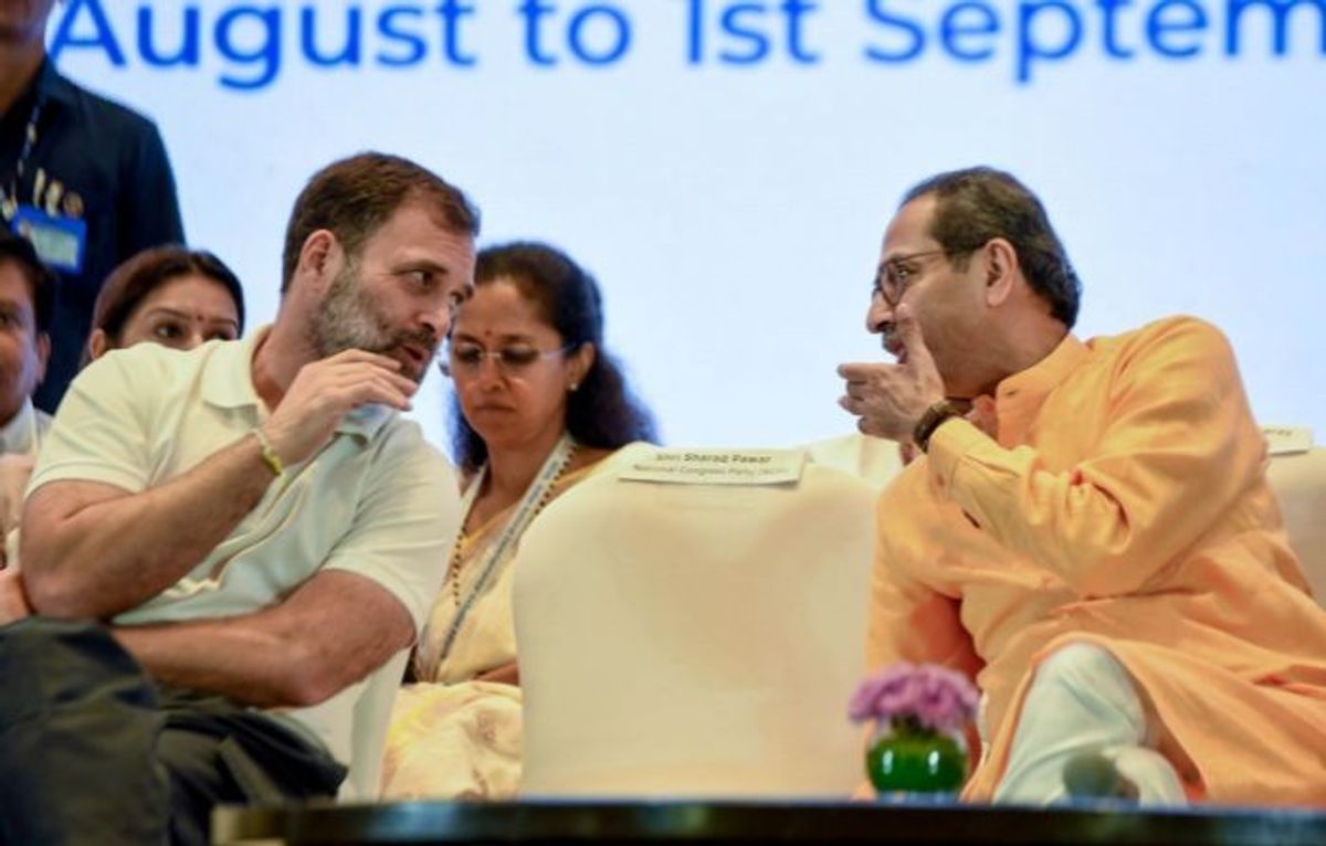 Indian opposition leaders Rahul Gandhi (L) of the Indian National Congress and Uddhav Thackeray of Shiv Sena (Uddhav Bakasaheb Thackeray) at a meeting.