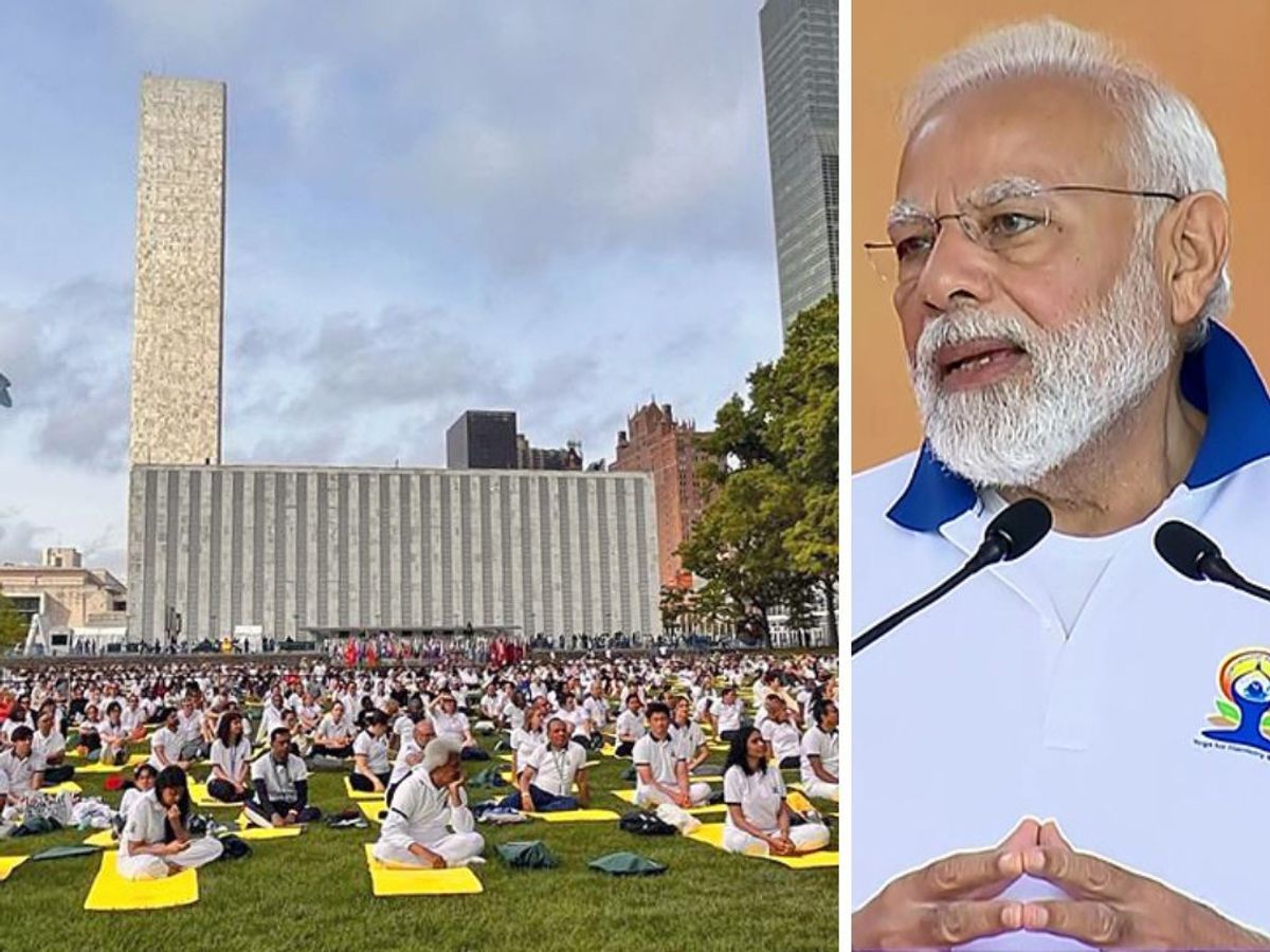 Indian PM Narendra Modi addresses a yoga session at UN headquarters in New York on June 21, 2023.