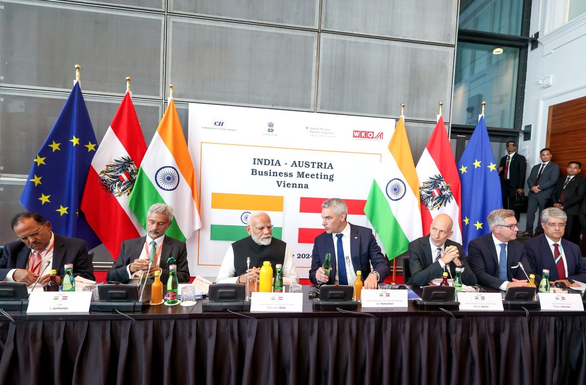 Indian PM Narendra Modi and Austrian chancellor Karl Nehammer at a meeting with business leaders from India and Austria in Vienna on July 10, 2024.