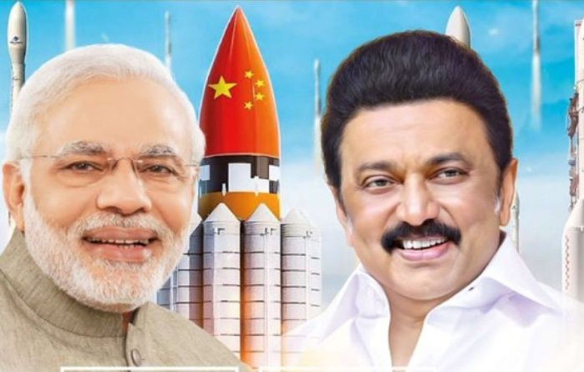 Indian PM Narendra Modi and Tamil Nadu chief minister MK Stalin faces on a poster showing an Indian rocket covered with the Chinese flag