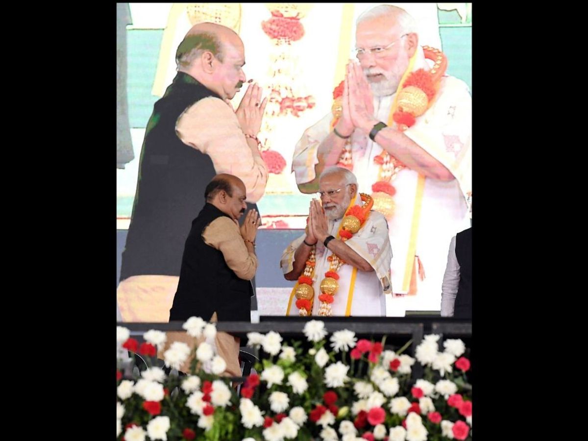 Indian PM Narendra Modi and the outgoing chief minister of Karnataka, Basavaraj Bommai, at an event in Karnataka on March 12, 2023