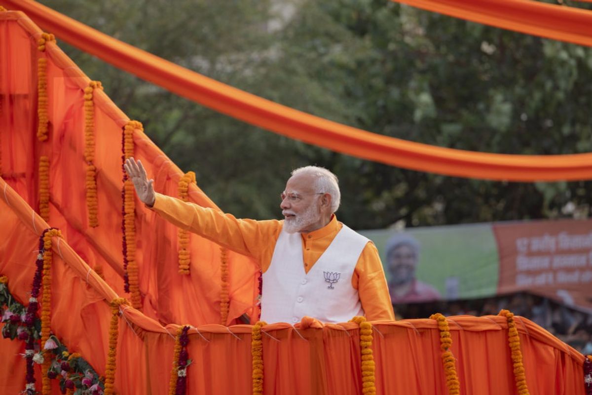 Indian PM Narendra Modi at a road show in Varanasi in Uttar Pradesh