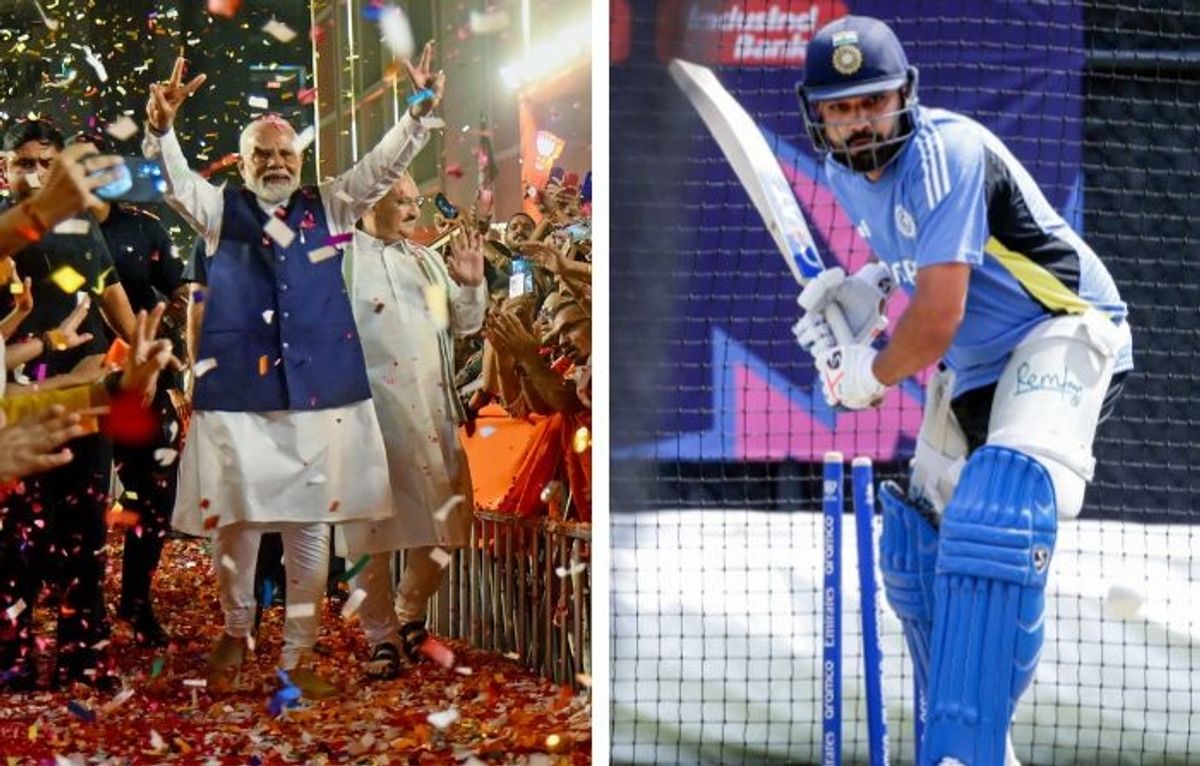 Indian PM Narendra Modi (L) and India cricket team captain Rohit Sharma