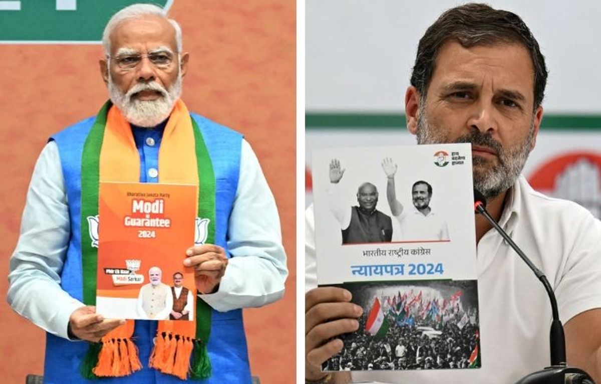 Indian PM Narendra Modi (L) with his BJP's manifesto and Indian National Congress leader Rahul Gandhi with his party's manifesto