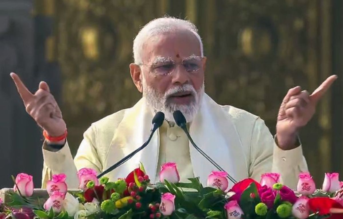 Indian PM Narendra Modi speaks after consecration ceremony