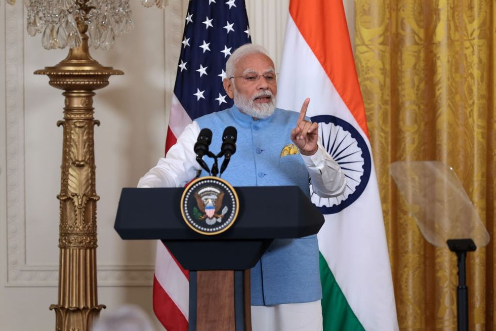 Indian PM Narendra Modi speaks at a joint press conference at White House with US president Joe Biden
