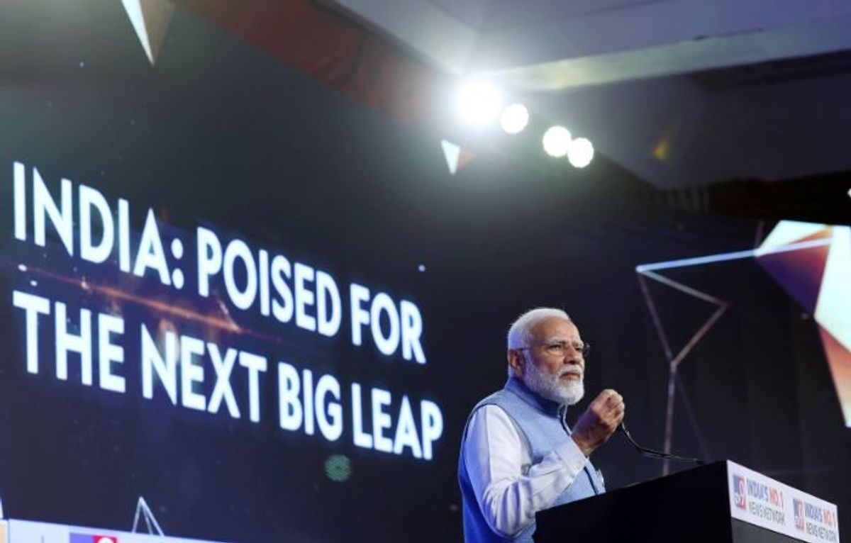 Indian PM Narendra Modi speaks at a rally in New Delhi