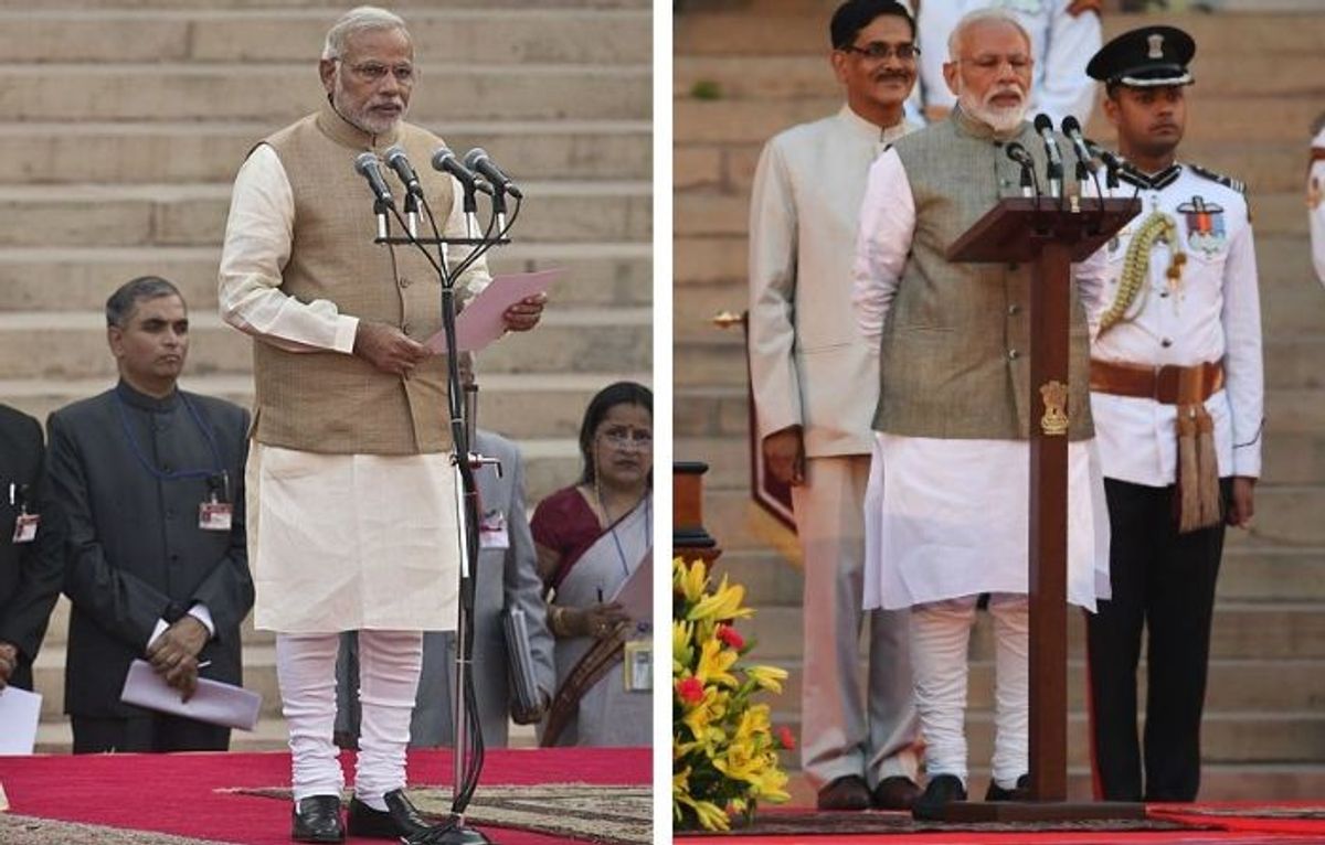 Indian PM Narendra Modi takes oath in 2014 (L) and 2019