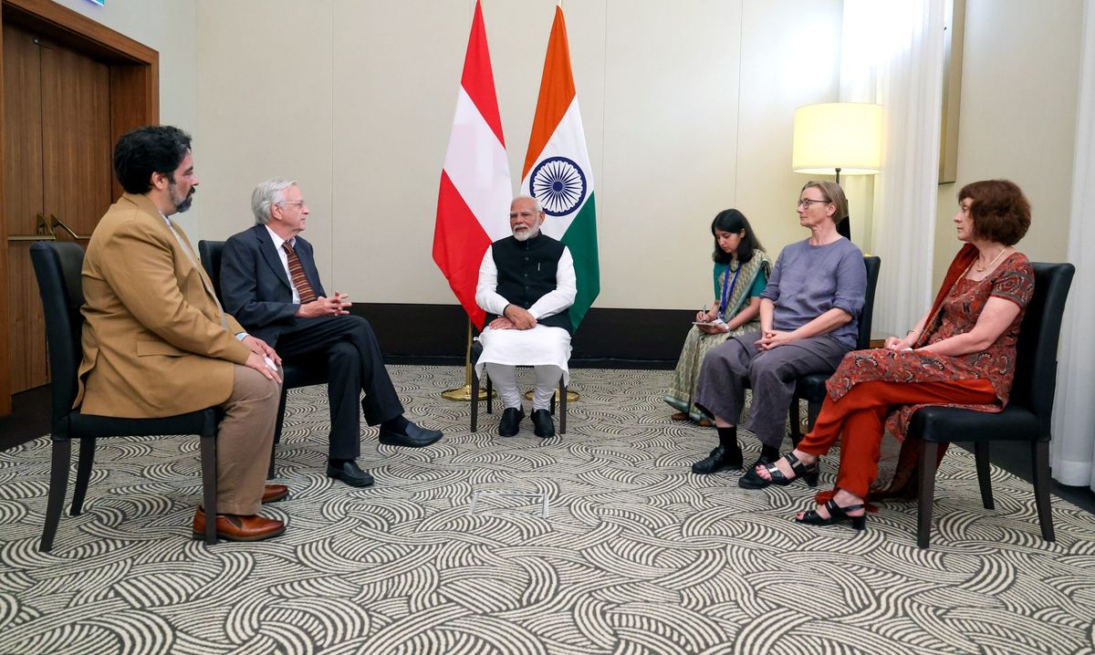 Indian PM Narendra Modi with Austrian Indologists at a meeting in Vienna on July 10, 2024.