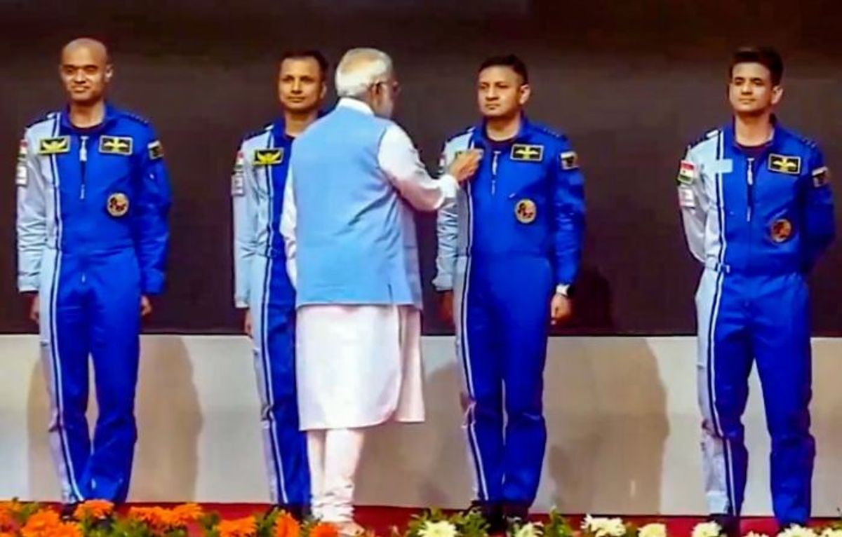 Indian PM Narendra Modi with four astronauts who will be part of India's maiden crewed space mission Gaganyaan
