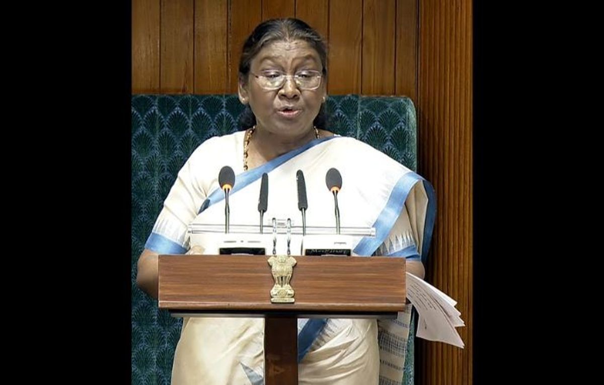 Indian president Draupadi Murmu addresses a joint sitting of both Houses of the Indian parliament, in New Delhi on June 27.