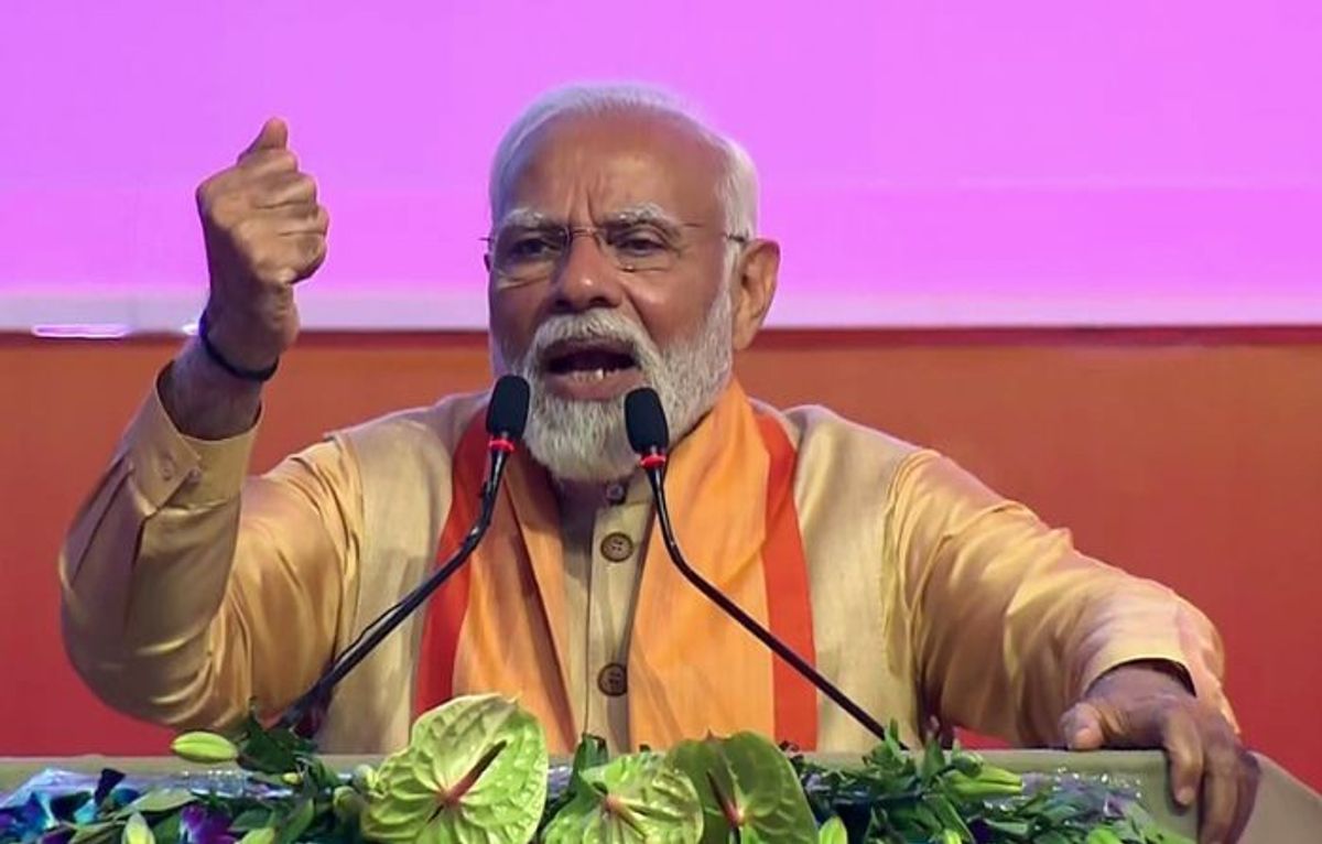Indian prime minister Narendra Modi addresses a groundbreaking-ceremony of the UP Global Investors' Summit, in Lucknow in the northern Indian state of Uttar Pradesh