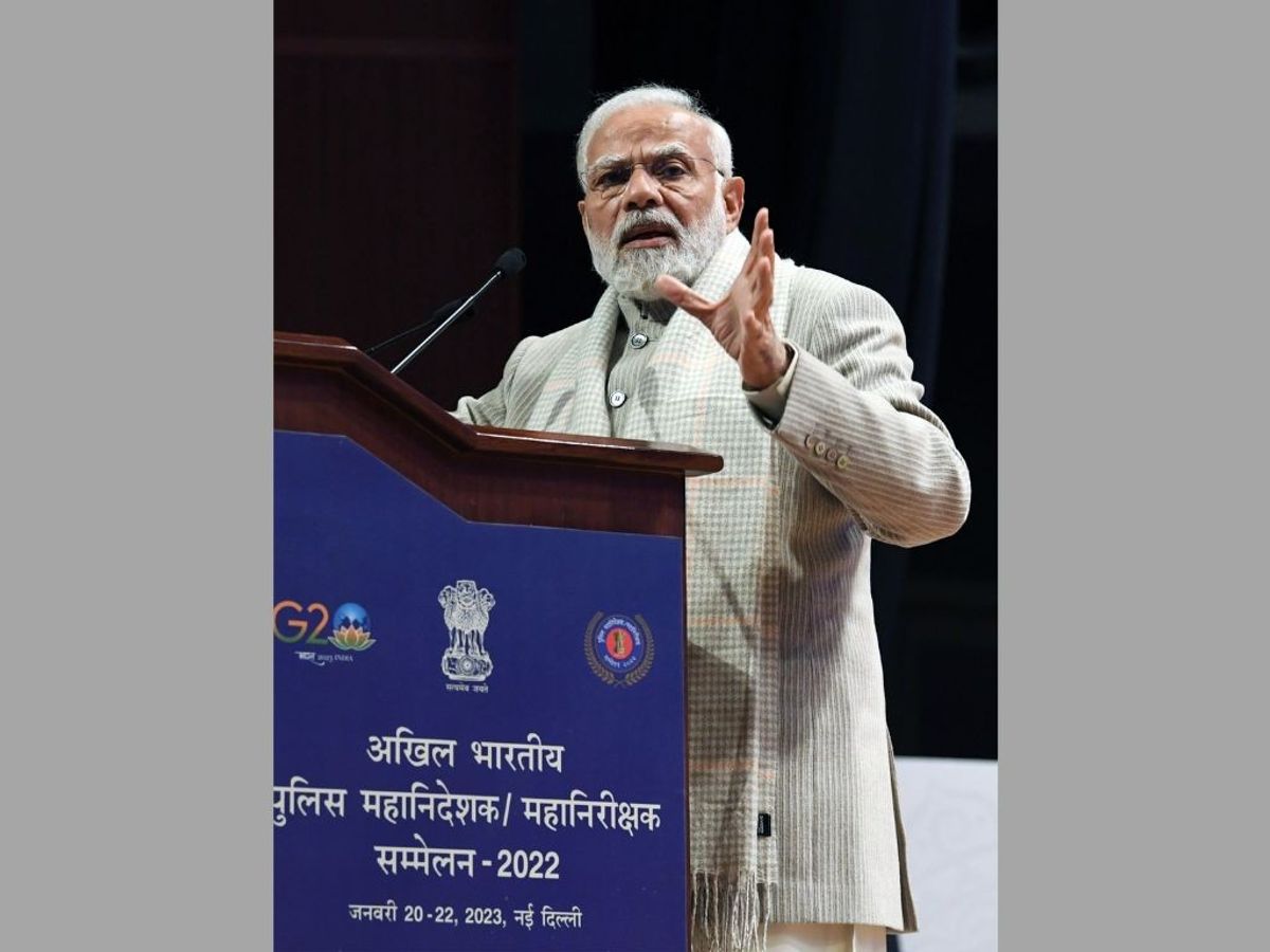 Indian prime minister Narendra Modi addresses a national conference of director generals and inspector generals of police, in New Delhi