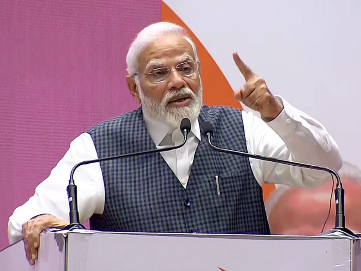 Indian prime minister Narendra Modi addresses a National Democratic Alliance meeting, in New Delhi