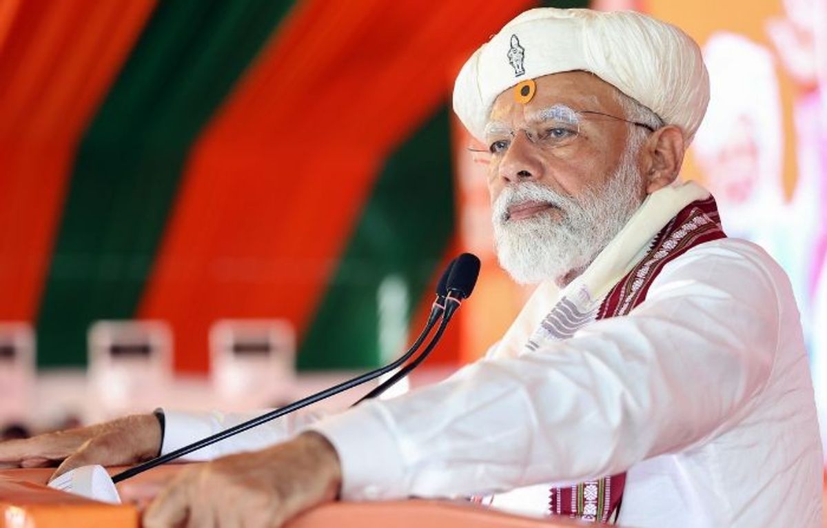 Indian prime minister Narendra Modi addresses a public meeting for the general elections 2024.