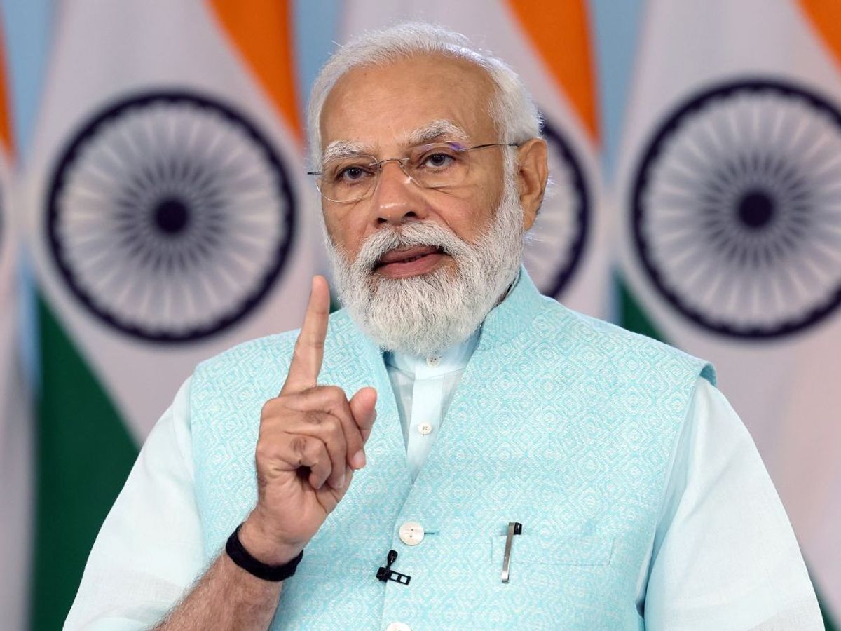Indian prime Minister Narendra Modi addresses after distributing about 71,000 appointment letters to newly inducted recruits in government departments and organisations during the Rozgar Mela via video conference, in New Delhi
