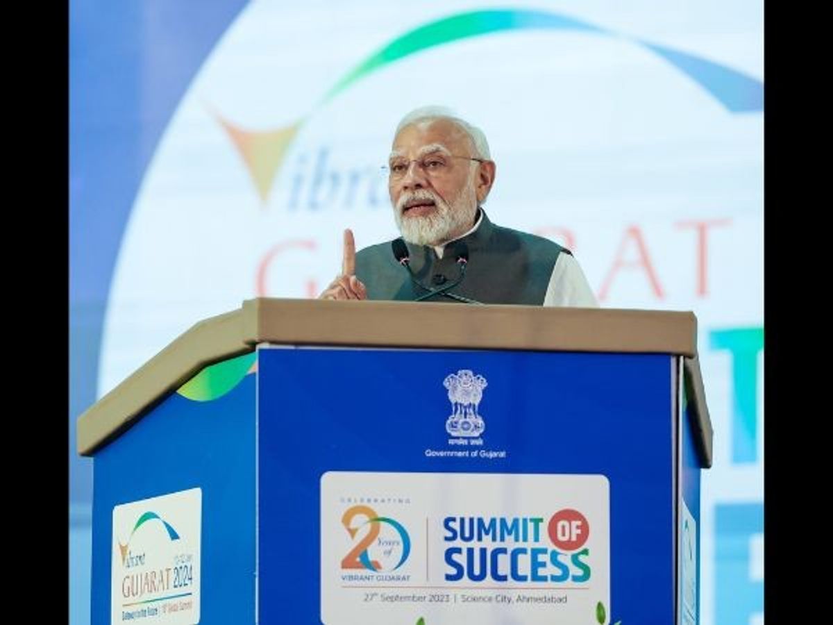 Indian prime minister Narendra Modi addresses during an event marking 20 years of the Vibrant Gujarat Global Summit in Ahemdabad in India's Gujarat state