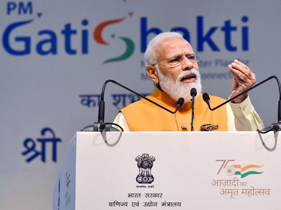 Indian prime minister Narendra Modi addresses during the inauguration of PM Gati Shakti - National Master Plan, at Pragati Maidan, in New Delhi, in October 2021