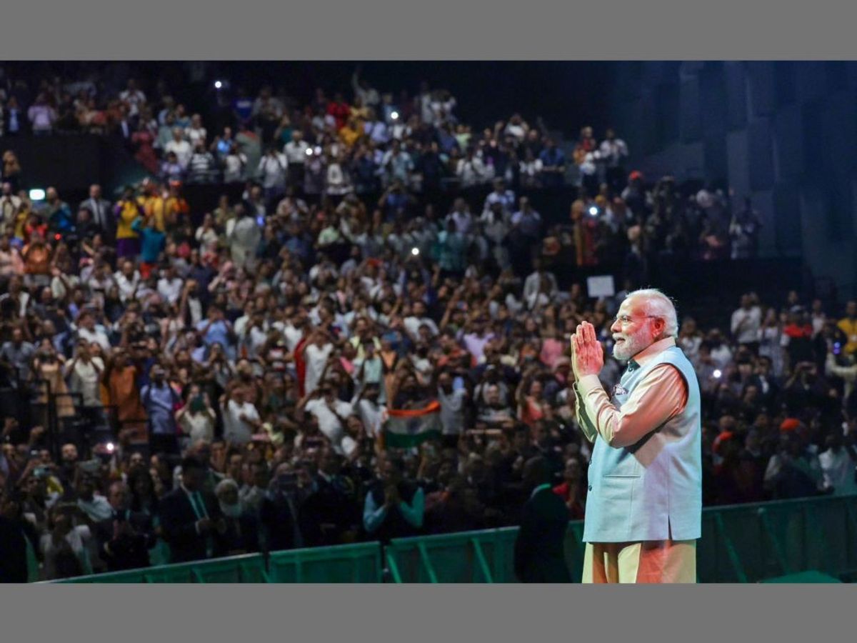 Indian prime minister Narendra Modi addresses Indian diaspora in Paris, France.