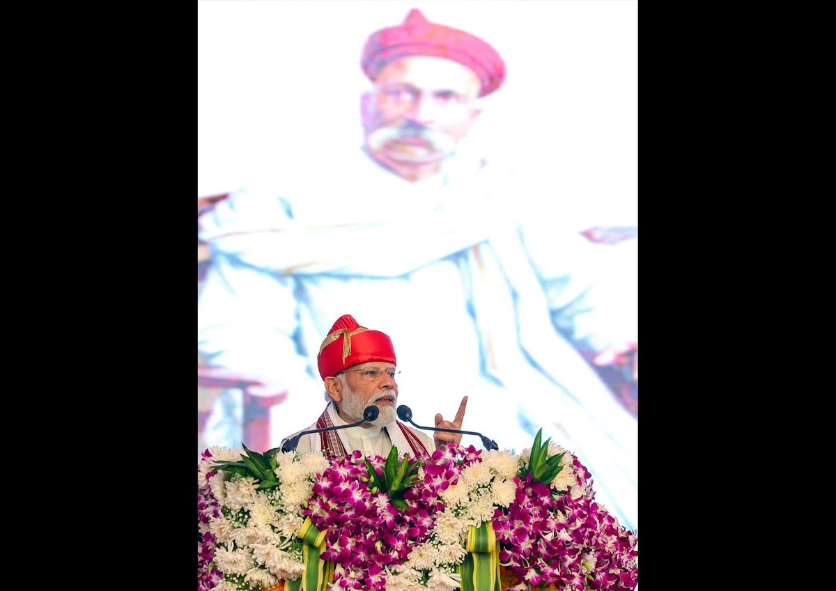Indian prime minister Narendra Modi addresses the Lokmanya Tilak National Award Ceremony 2023 in Pune in the western Indian state of Maharashtra