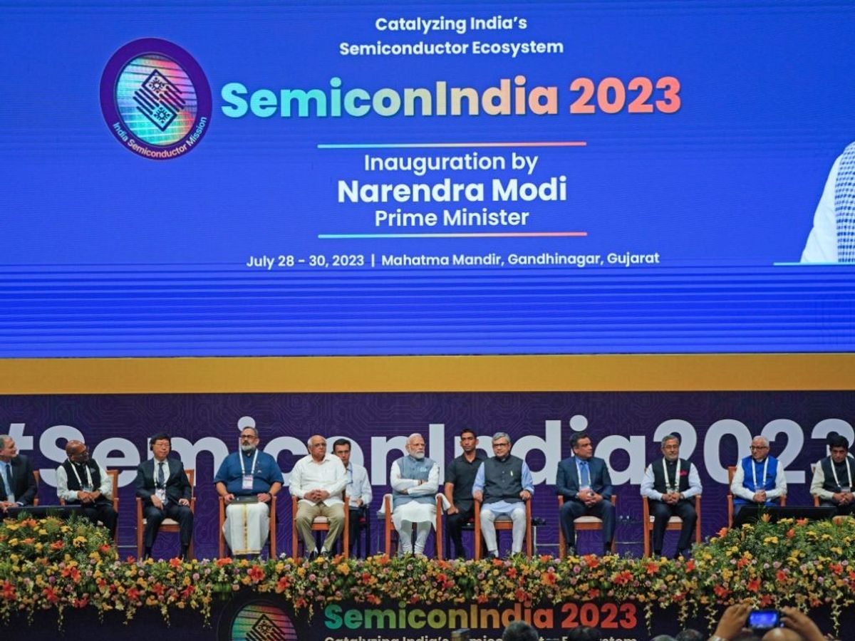 Indian prime minister Narendra Modi along with other dignitaries at the inauguration of the Semicon India Conference 2023 in Gandhinagar in the western state of Gujarat