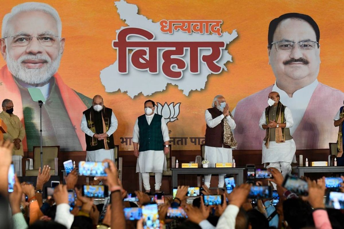 Indian prime minister Narendra Modi at an election rally in the eastern state of Bihar along with other leaders of his Bharatiya Janata Party