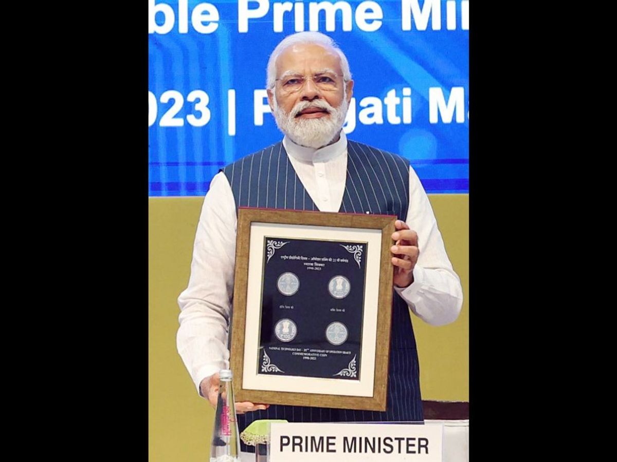 Indian prime minister Narendra Modi at the inauguration and foundation stone-laying of various projects at National Technology Day 2023, in New Delhi