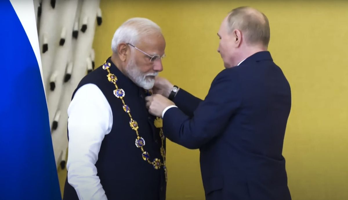 Indian prime minister Narendra Modi being conferred Russia's highest civilian award -- Order of St Andrew the Apostle -- by Russian president Vladimir Putin