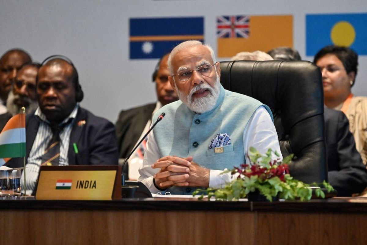 Indian prime minister Narendra Modi delivers his opening remarks during Forum for India Pacific Islands Cooperation at APEC Haus in Port Moresby