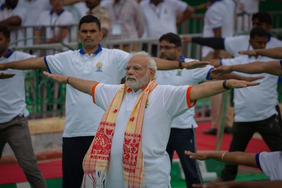 Indian prime minister Narendra Modi does yoga on International Yoga Day in Mysuru