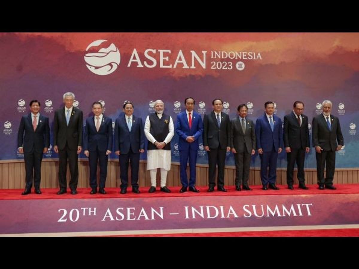 Indian prime minister Narendra Modi (fifth from left) with leaders of the ASEAN bloc in a group photo during the 20th ASEAN-India Summit, in Jakarta, Indonesia,