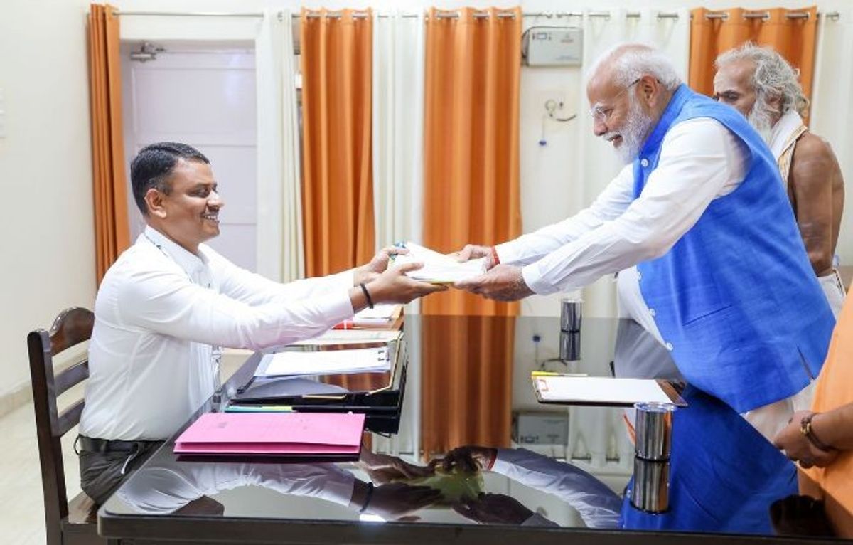Indian prime minister Narendra Modi files his nomination papers for the 2024 general elections at a government office in Varanasi, his constituency in the northern state of Uttar Pradesh
