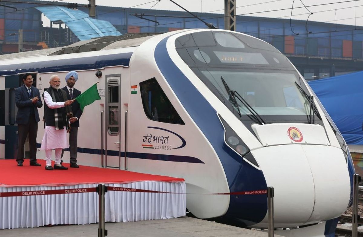 Indian prime minister Narendra Modi flags off India's first semi-high speed train Vande Bharat Express at New Delhi Railway Station