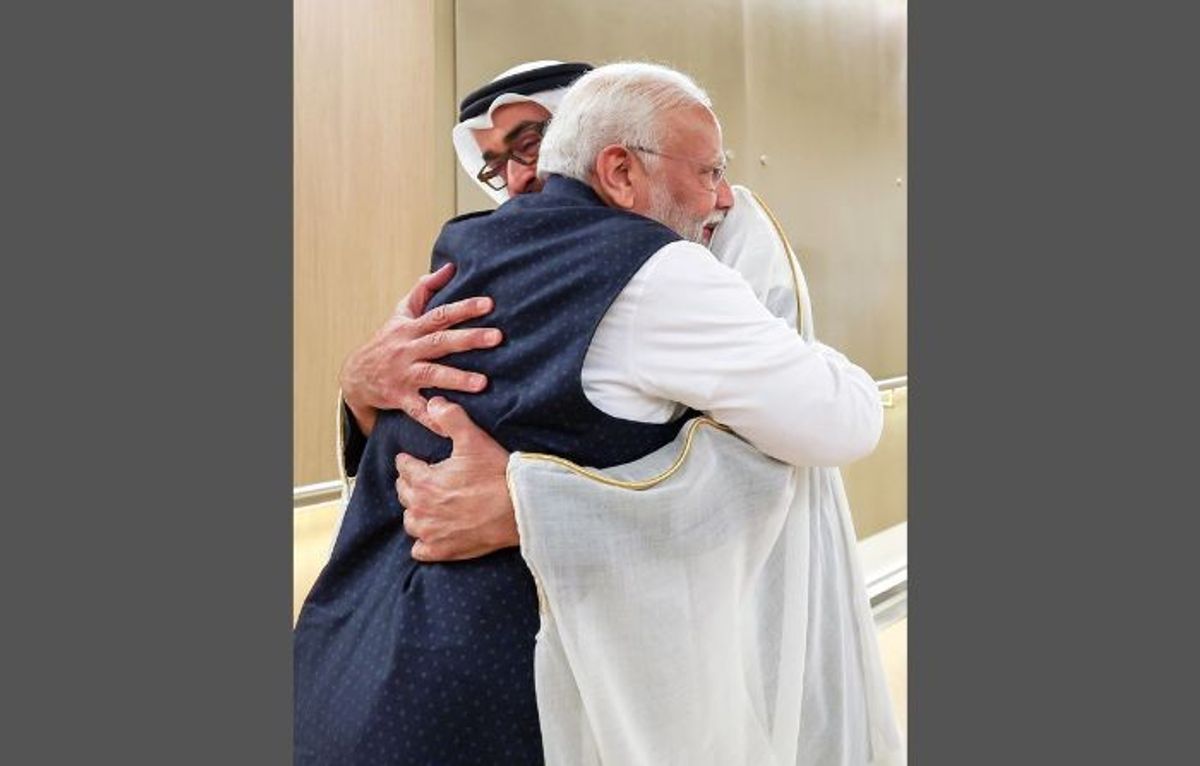 Indian prime minister Narendra Modi greets UAE president Mohamed bin Zayed Al Nahyan on his arrival in Abu Dhabi, UAE,