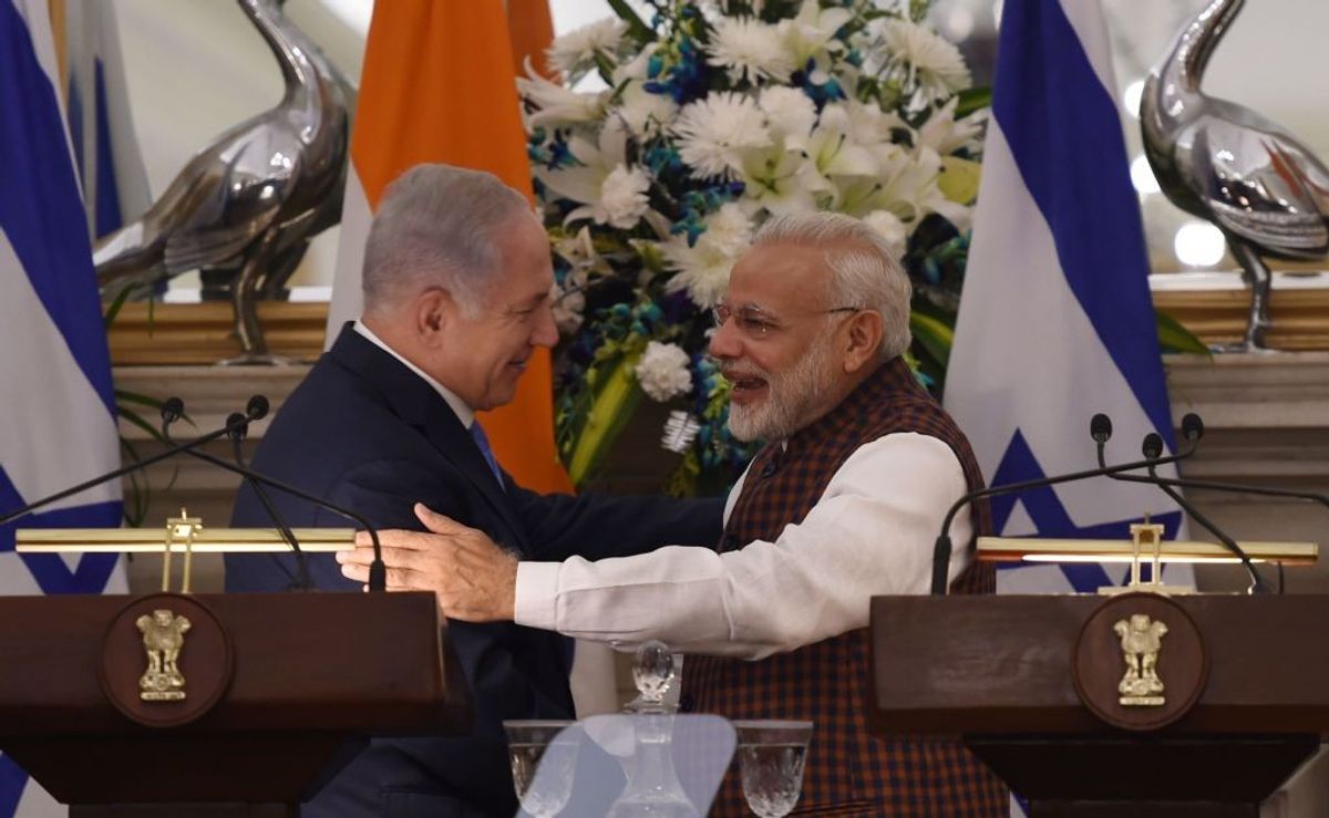 Indian prime minister Narendra Modi hugs his Israeli counterpart Benjamin Netanyahu in New Delhi