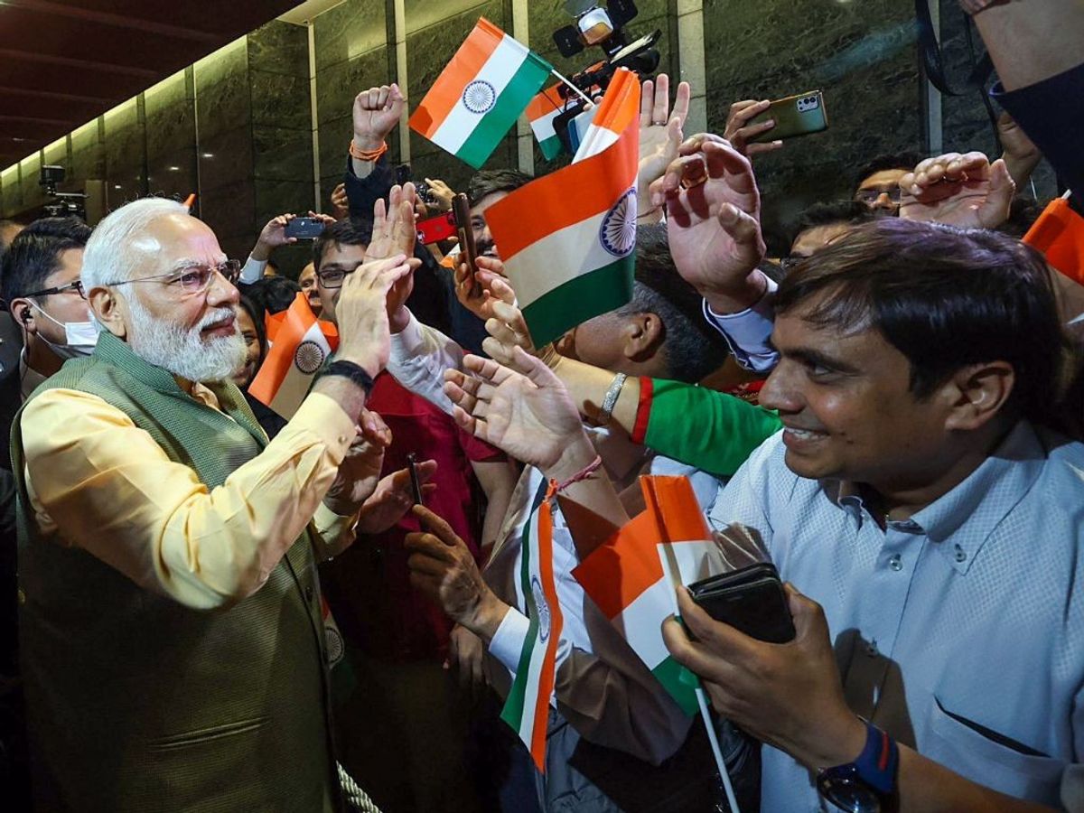 Indian prime Minister Narendra Modi interacts with the Indian diaspora in Hiroshima, Japan,
