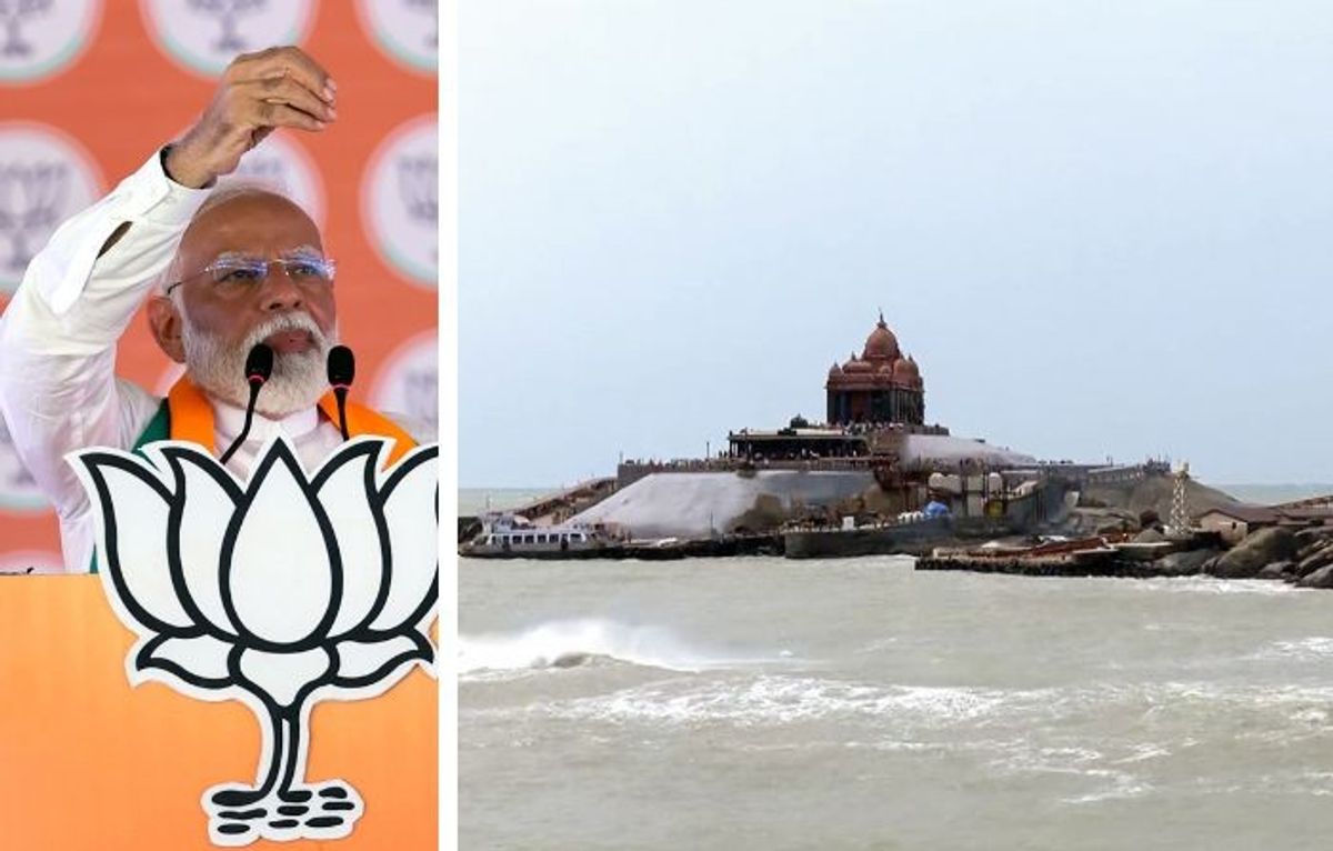 Indian prime minister Narendra Modi (L) and an outside view of the Vivekananda Rock Memorial in Kanniyakumari in the southern Indian state of Tamil Nadu