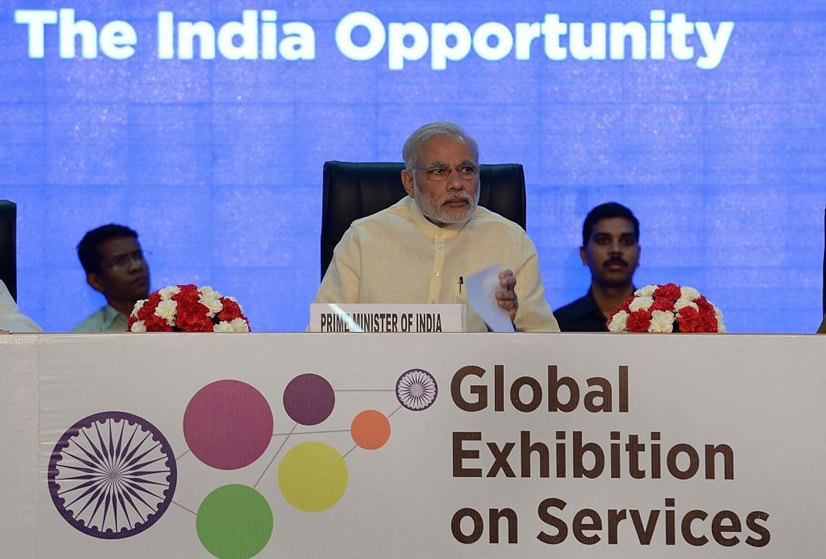 Indian prime minister Narendra Modi listens to a speaker during the inauguration of the Global Exhibition on Services in New Delhi